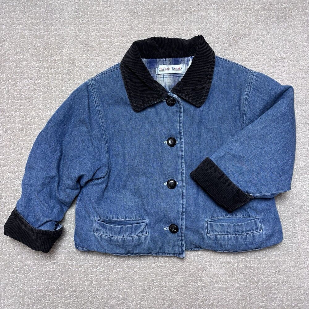 VTG Y2K Denim Jacket Kids XS Corduroy Collar Plaid Lined Chore Barn Coat 90s 4T